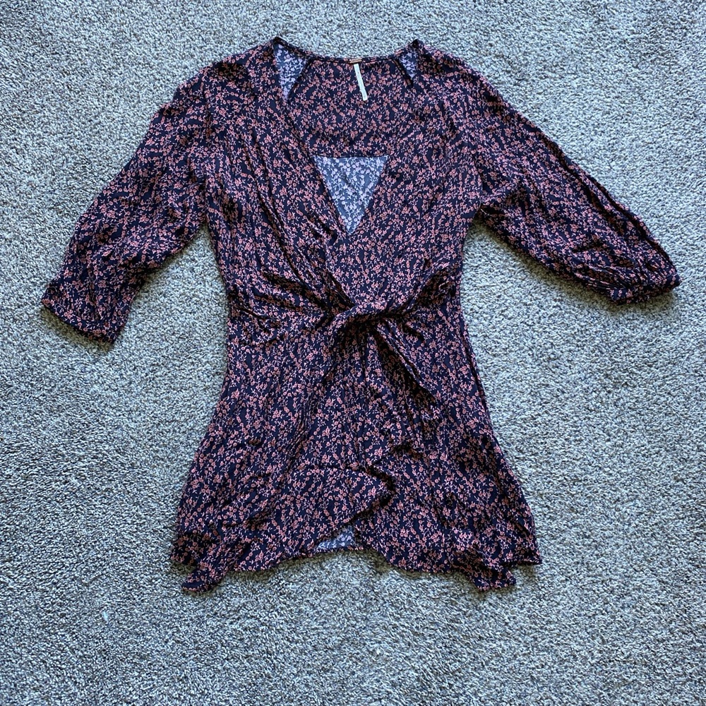 Free People Navy and Pink Floral Wrap Top